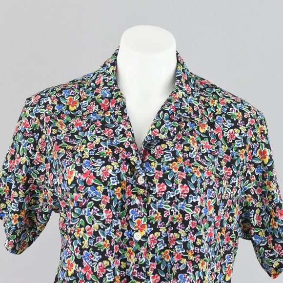 Vintage 80s Short Sleeve Black Floral Blouse Women's Petite Size 10 - Picture 2 of 10